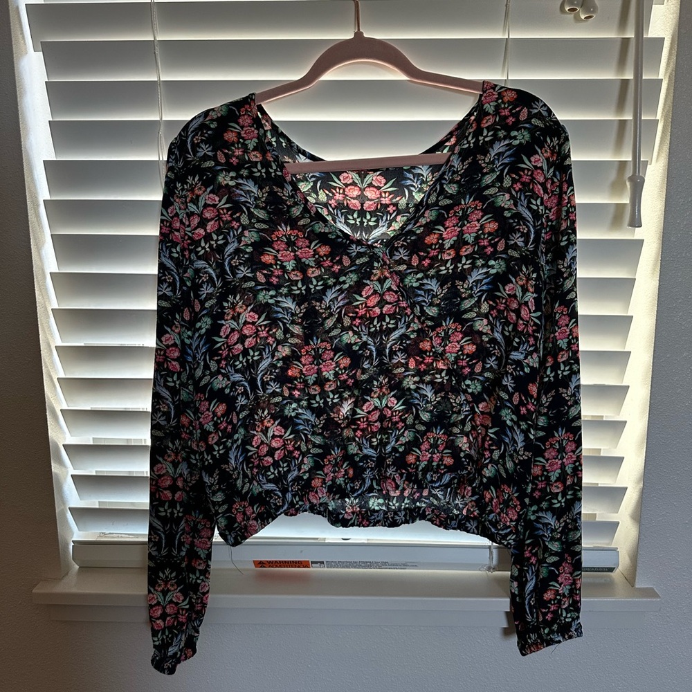 LOFT Black Floral V-Neck Blouse